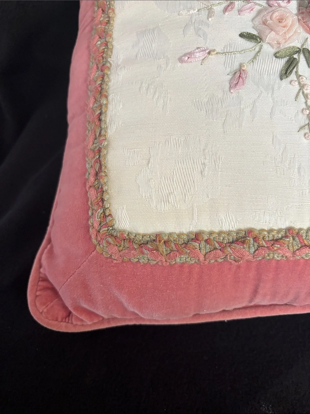 Vintage Velvet Rose Decorative Pillow - Soft Pink, Green, Cream Embroidery
